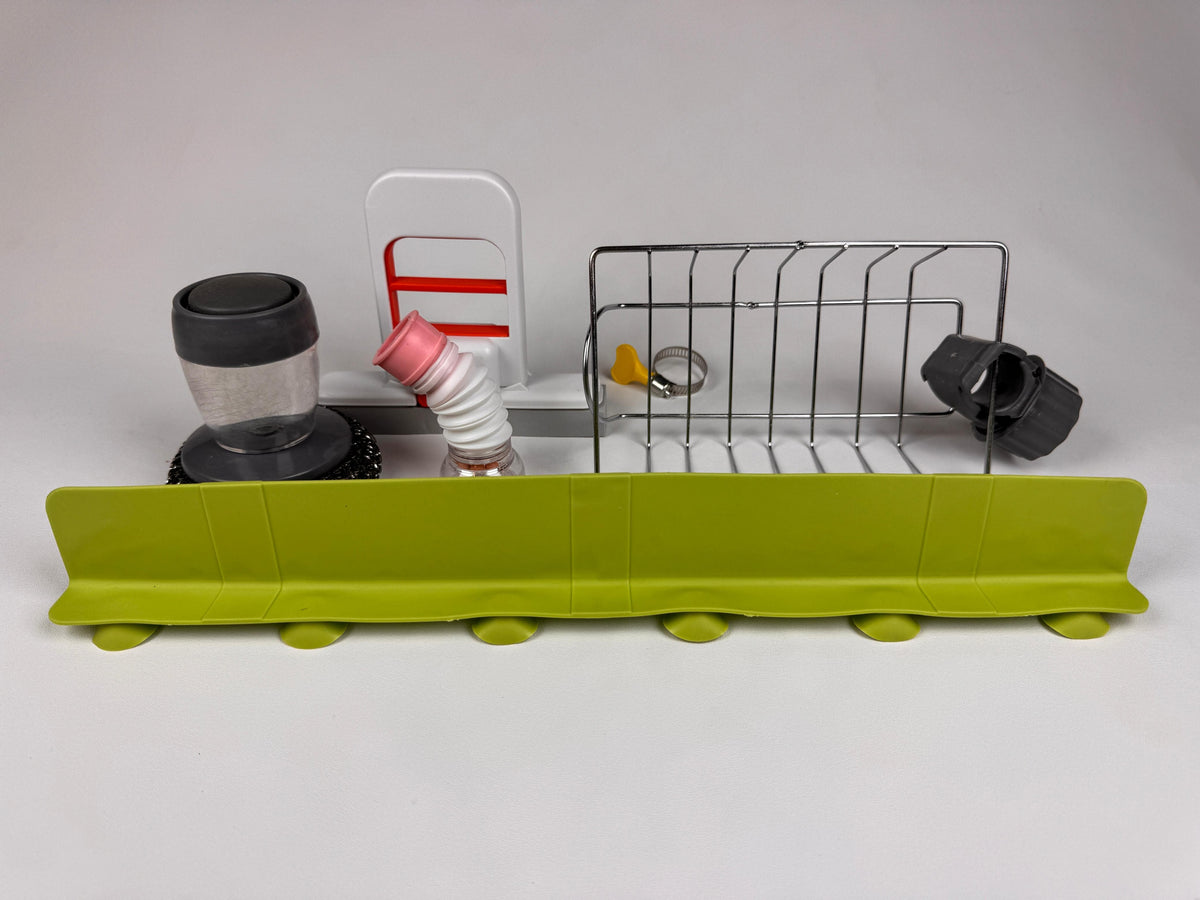 6-in-1 Complete Kitchen Sink Utility Kit – Organizer, Splash Guard & Cleaning Tools