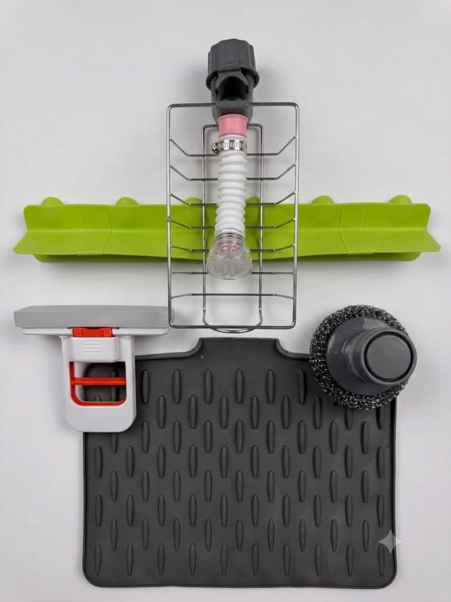6-in-1 Complete Kitchen Sink Utility Kit – Organizer, Splash Guard & Cleaning Tools