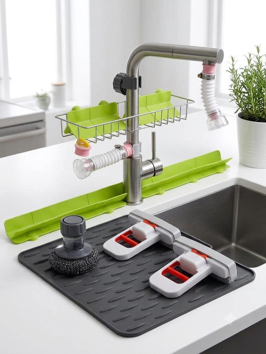 6-in-1 Complete Kitchen Sink Utility Kit – Organizer, Splash Guard & Cleaning Tools