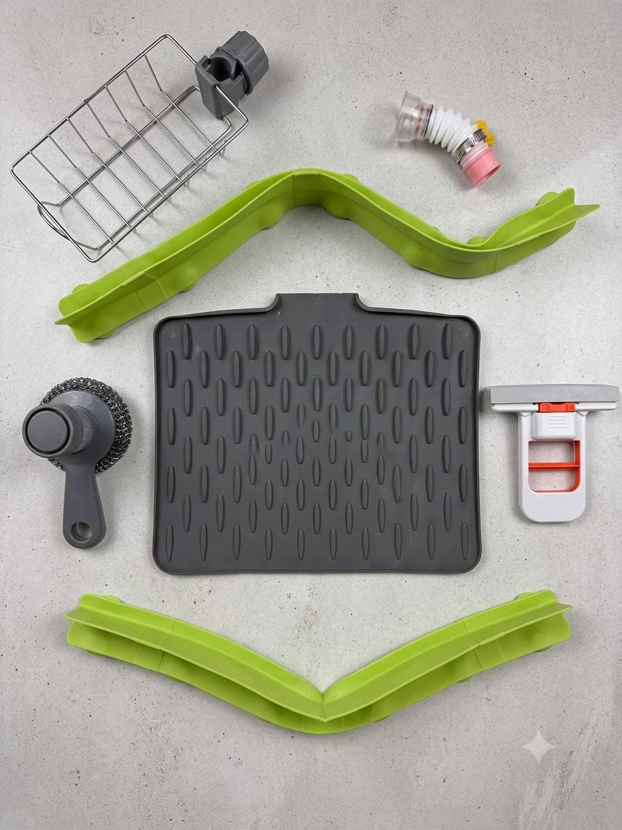 6-in-1 Complete Kitchen Sink Utility Kit – Organizer, Splash Guard & Cleaning Tools