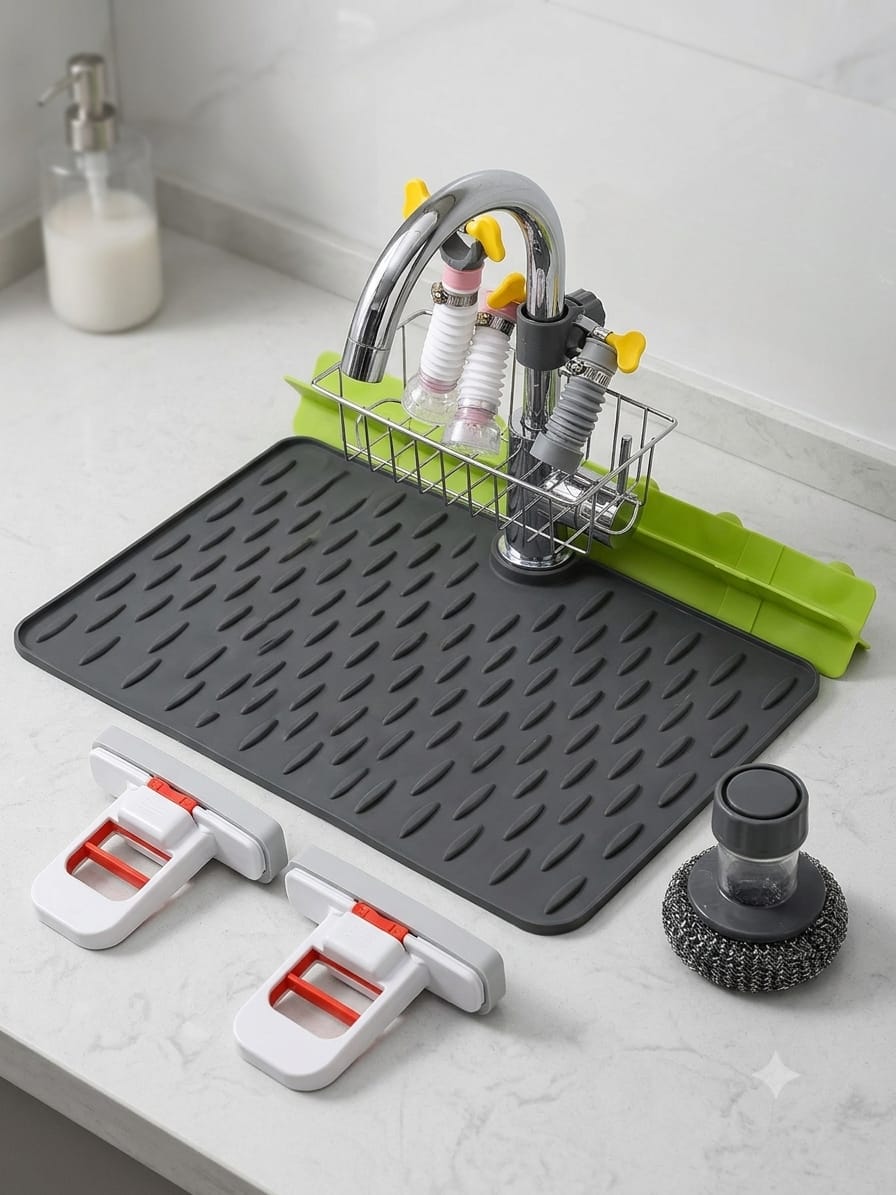 6-in-1 Complete Kitchen Sink Utility Kit – Organizer, Splash Guard & Cleaning Tools