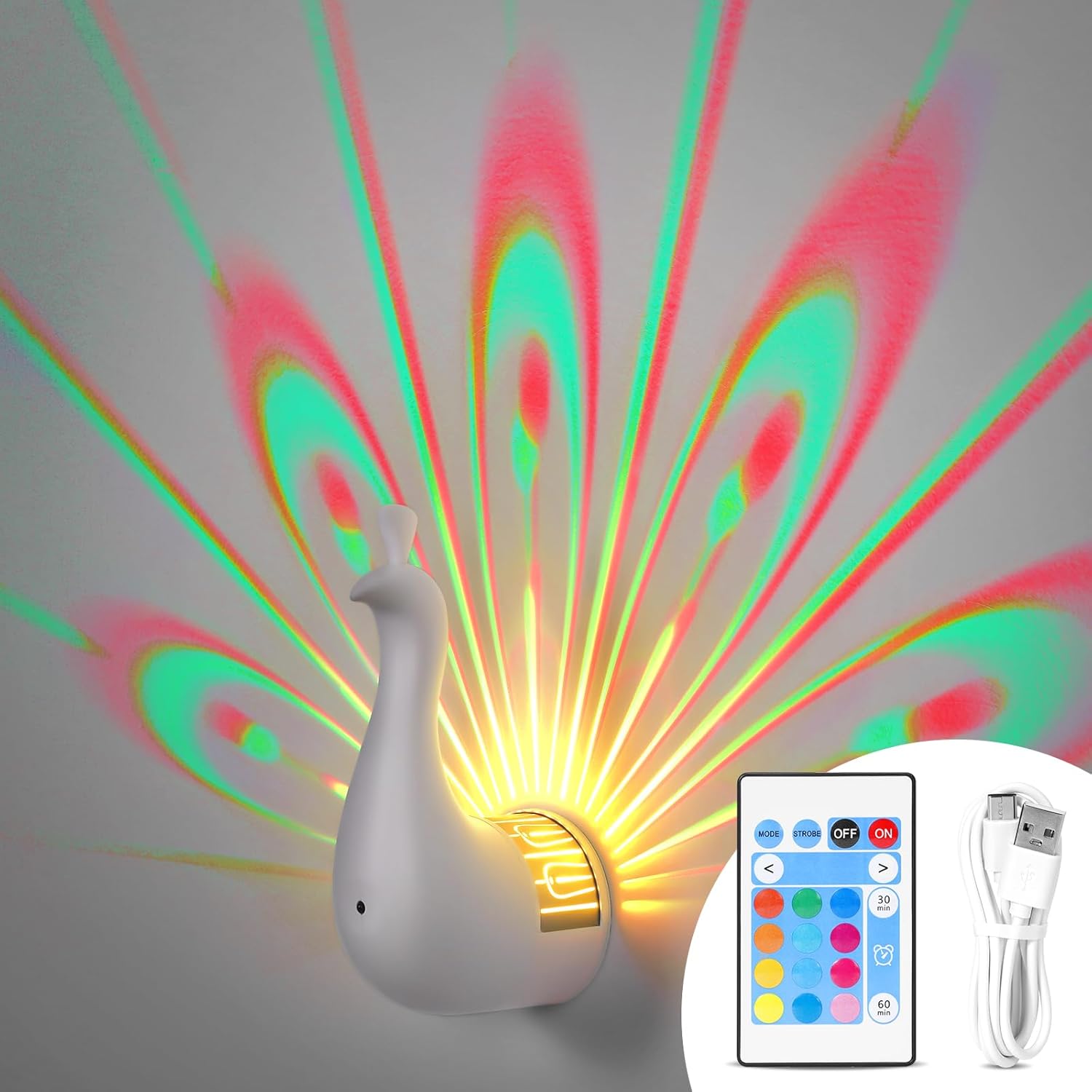 Peacock Wall Lamp,7 Colors Atmosphere Peacock Touch Lamp for Bedroom,with Remote Control,Timing Function