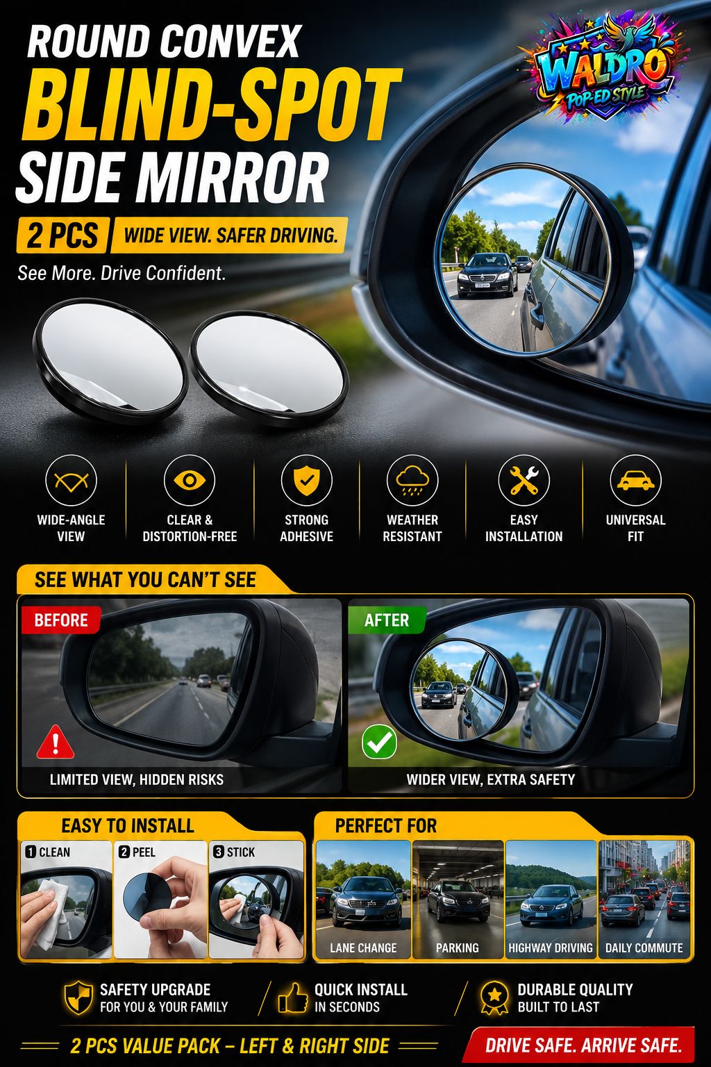 WALDRO Ultimate 5-in-1 Car Care & Road Safety Mega Bundle – 1 High Pressure Spray Nozzle, 2 Vacuum Magnetic Phone Holder, 3 Blind-Spot Mirrors (2 Pcs)  4 Set Of 2 Windshield Repair Kit