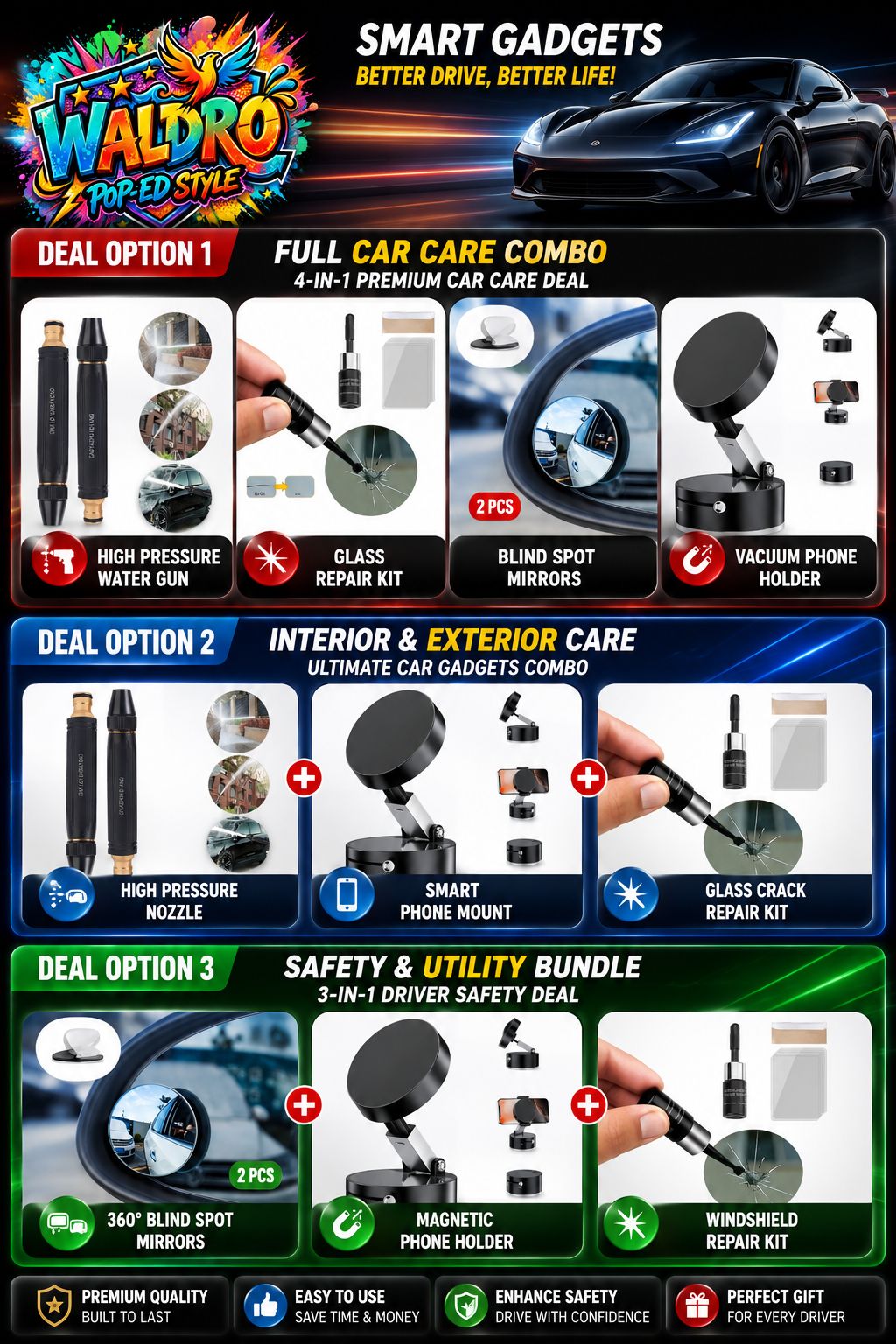 WALDRO Ultimate 5-in-1 Car Care & Road Safety Mega Bundle – 1 High Pressure Spray Nozzle, 2 Vacuum Magnetic Phone Holder, 3 Blind-Spot Mirrors (2 Pcs)  4 Set Of 2 Windshield Repair Kit