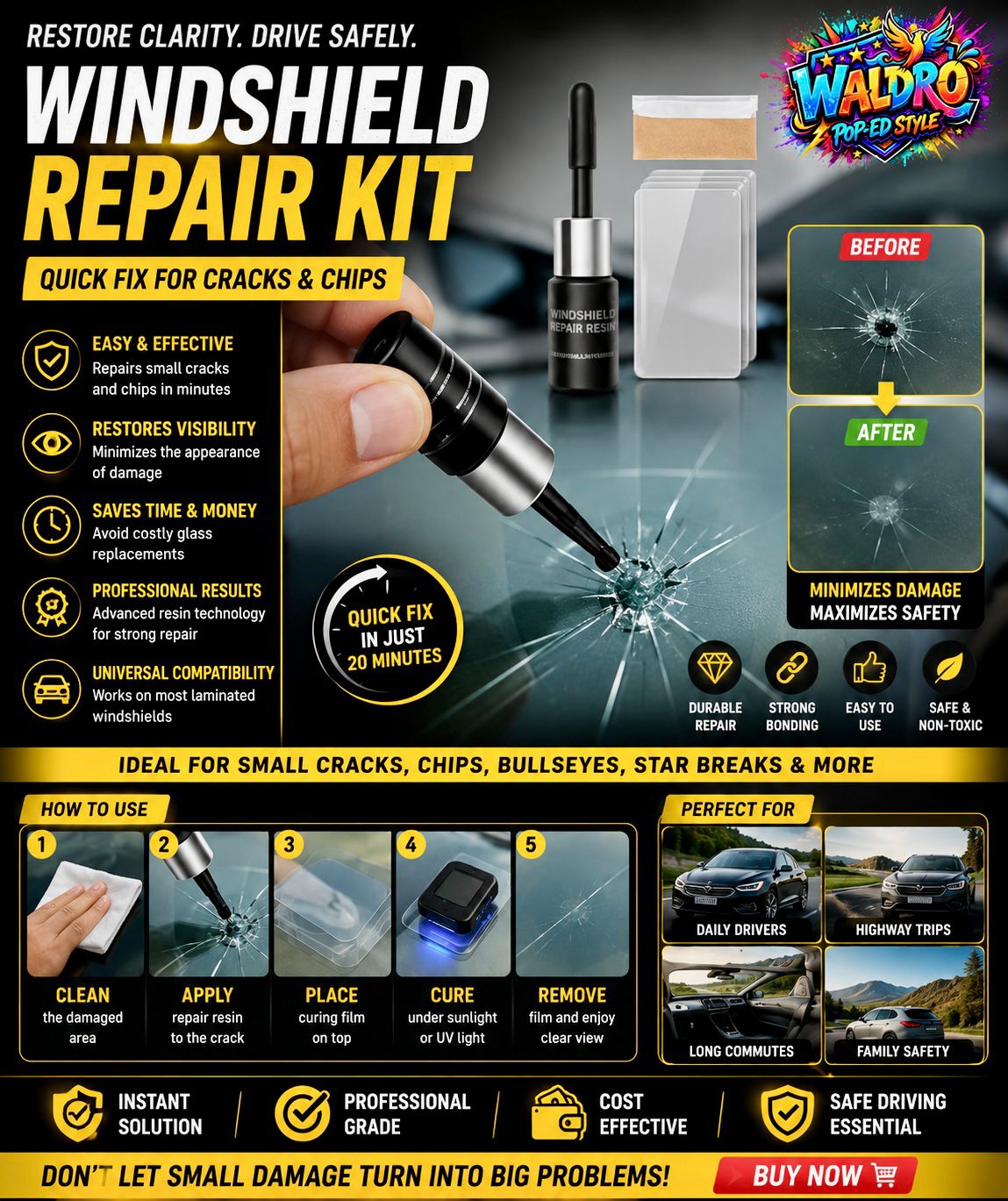 WALDRO Ultimate 5-in-1 Car Care & Road Safety Mega Bundle – 1 High Pressure Spray Nozzle, 2 Vacuum Magnetic Phone Holder, 3 Blind-Spot Mirrors (2 Pcs)  4 Set Of 2 Windshield Repair Kit