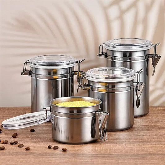 Set Of 4 Stainless Steel Airtight Sealed Canister, Coffee Flour Sugar Tea Container, Kitchen Container Seal Storage Jars With Plastic Cover, Miscellaneous Grain Food Storage Containers, Metal Sealed Can, Tea Leaf Organizer, Kitchen Accessories