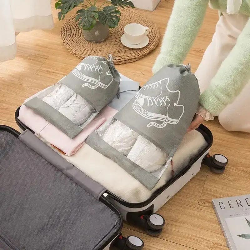 Set Of 5 Travel Shoe Pouch, Grey Non Woven Fabric Dustproof Drawstring Bag, Breathable Storage Pouch With Visual Window, Portable Shoe Organizer Drawstring Bag