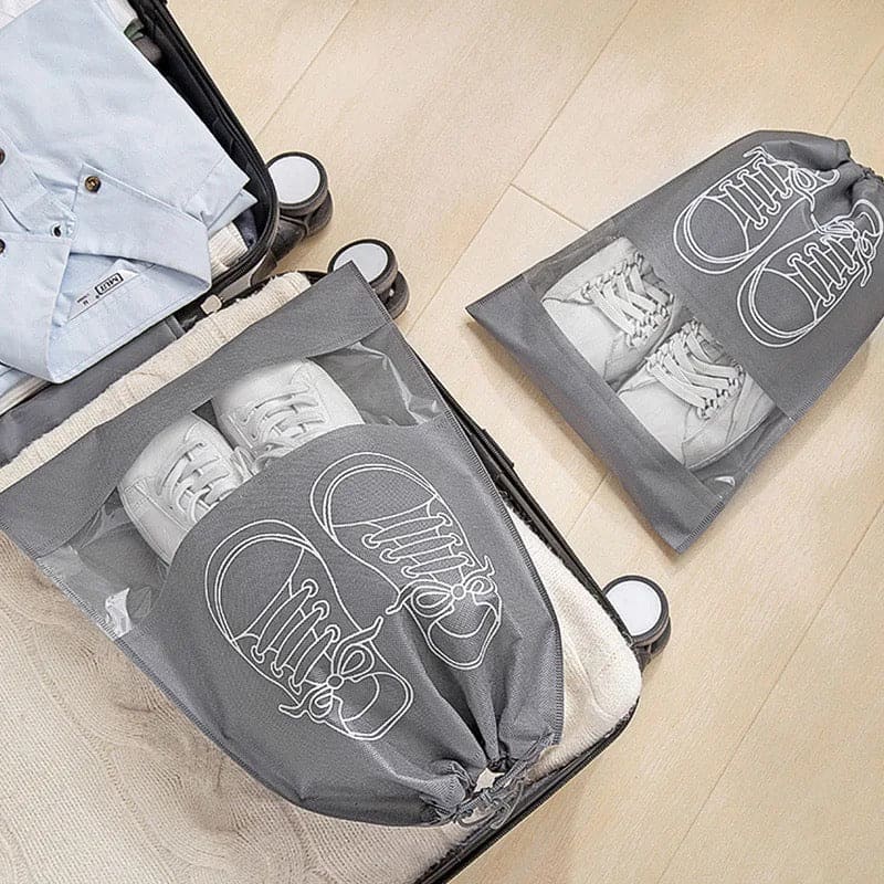 Set Of 5 Travel Shoe Pouch, Grey Non Woven Fabric Dustproof Drawstring Bag, Breathable Storage Pouch With Visual Window, Portable Shoe Organizer Drawstring Bag