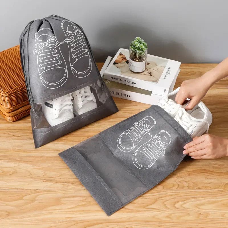 Set Of 5 Travel Shoe Pouch, Grey Non Woven Fabric Dustproof Drawstring Bag, Breathable Storage Pouch With Visual Window, Portable Shoe Organizer Drawstring Bag
